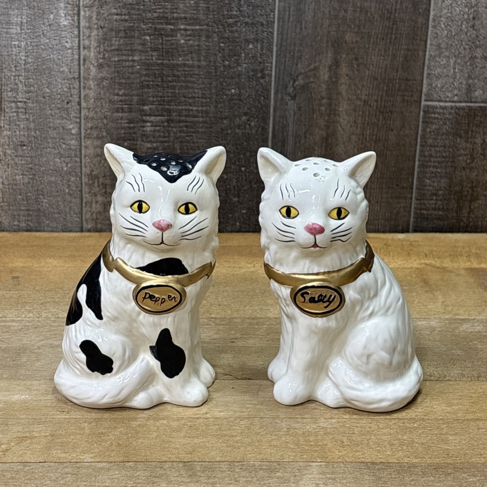 Vintage Staffordshire Style Cat Salt Pepper Shakers Black White Gold Collars